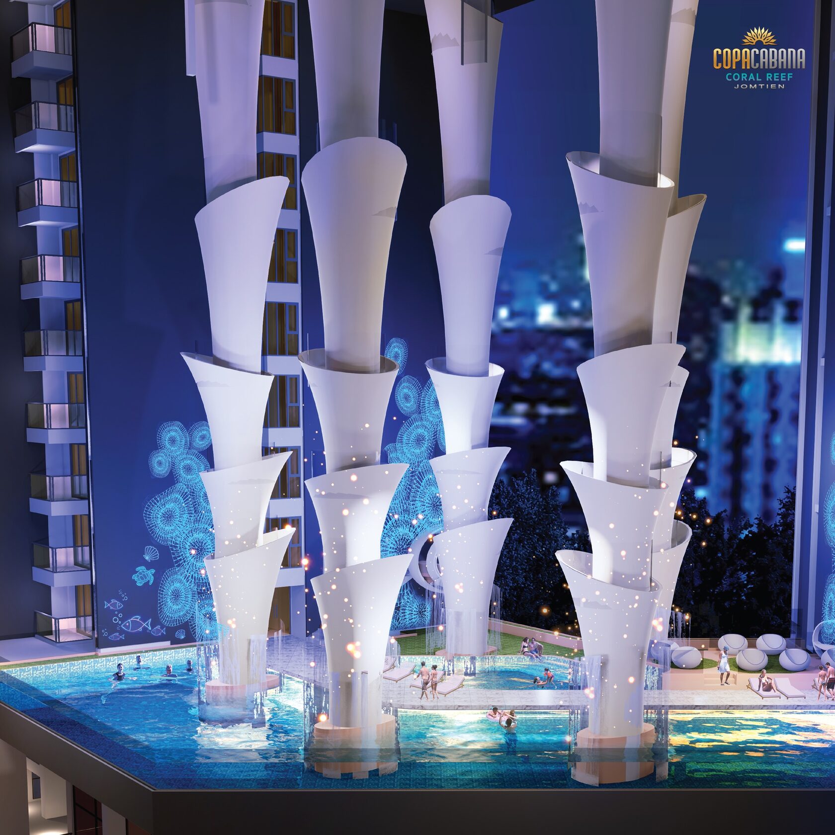 Sculptural columns of Copacabana Coral Reef at night, rendering