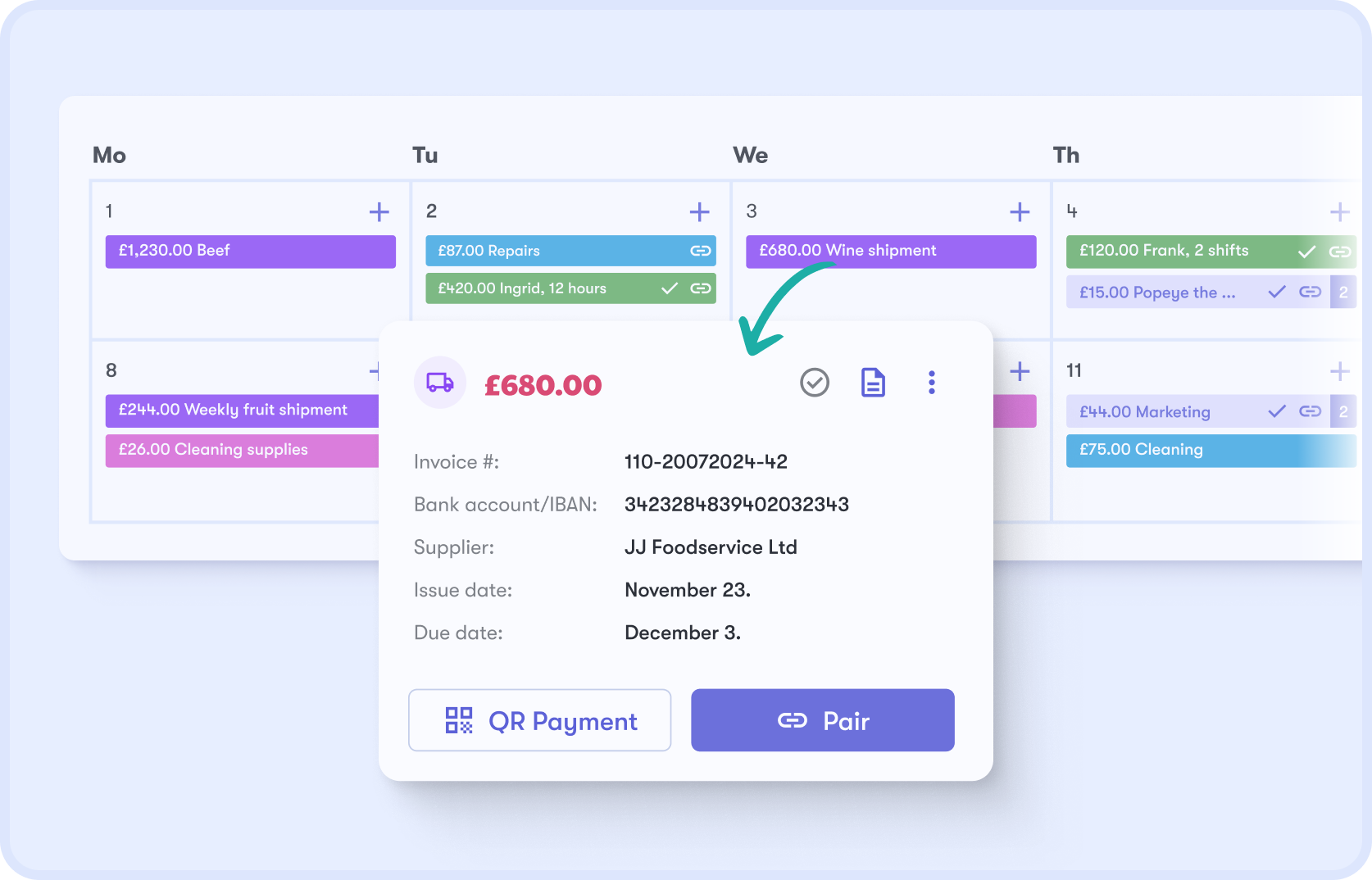 Cash flow calendar with invoice details and payment options