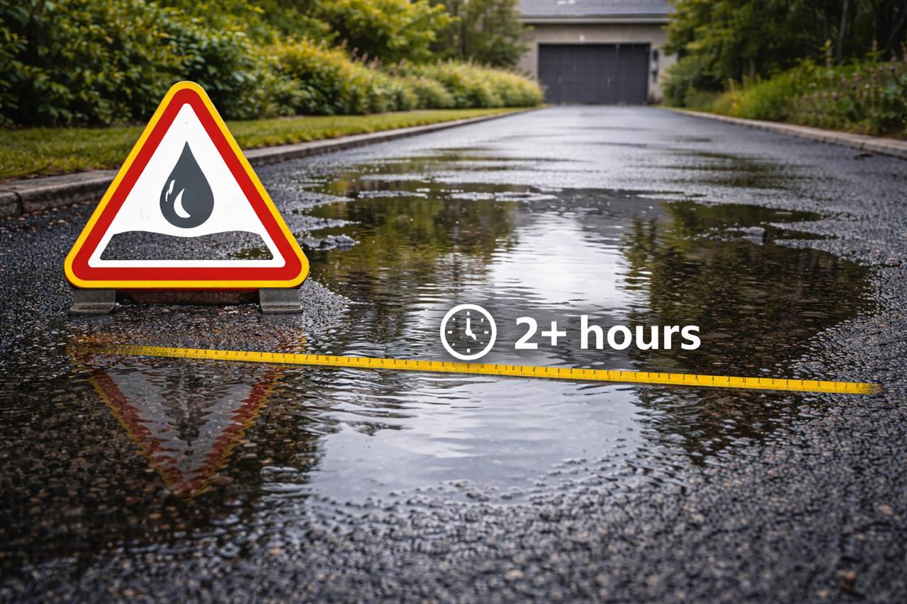 Застояла вода върху нов асфалт без необходимия наклон за оттичане