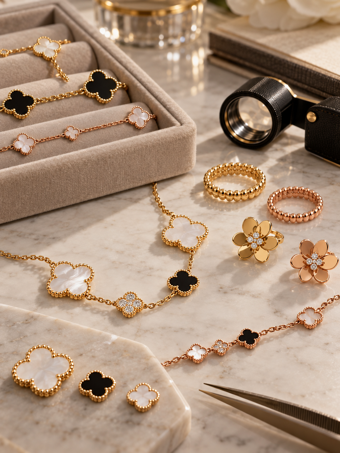Van Cleef &amp; Arpels jewelry with Alhambra-style motifs, Perlée rings and floral designs compared for material, variation, condition and resale value