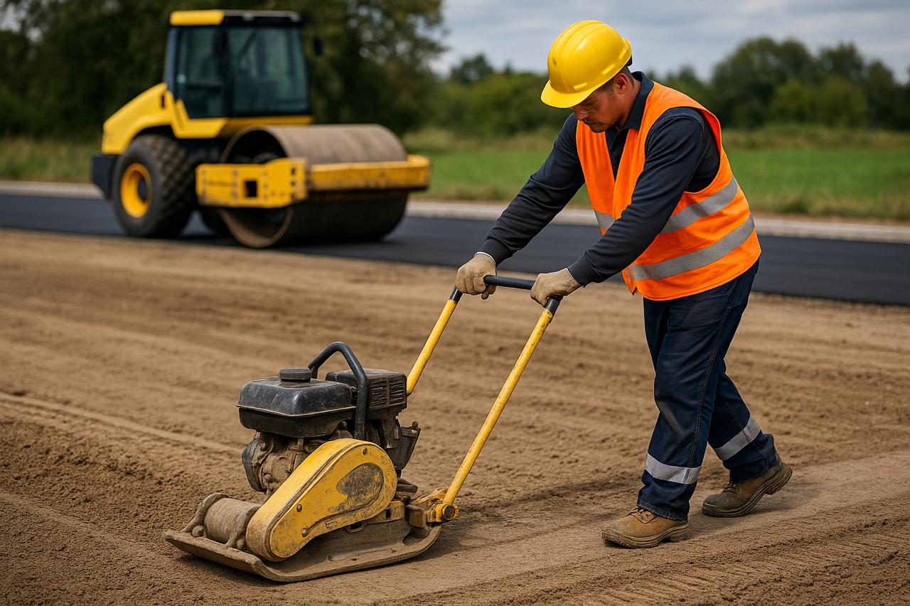 Работник извършва изравняване и корекция на неравности с виброплоча преди асфалтиране — професионална подготовка на терена в София.