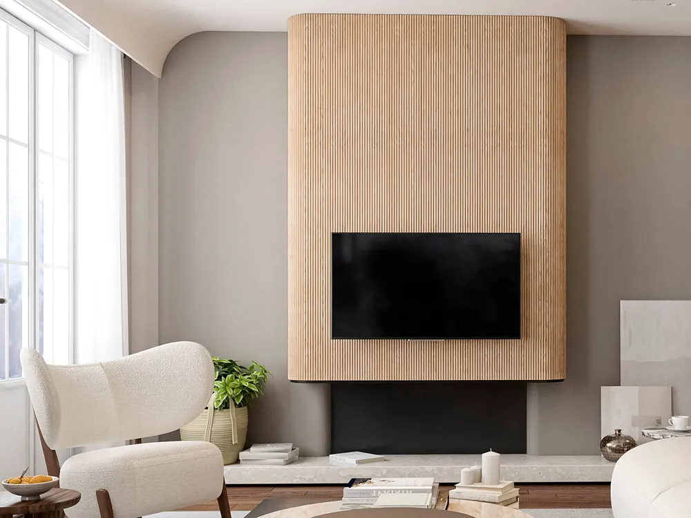 Textured fluted tambour wood panel architectural interior