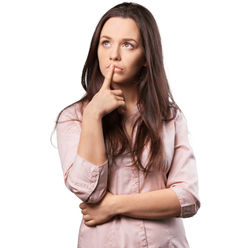 On the picture, a woman is thoughtfully looking up, considering the best under-sink water filter. Take the quiz to find the perfect solution for clean water in your home.