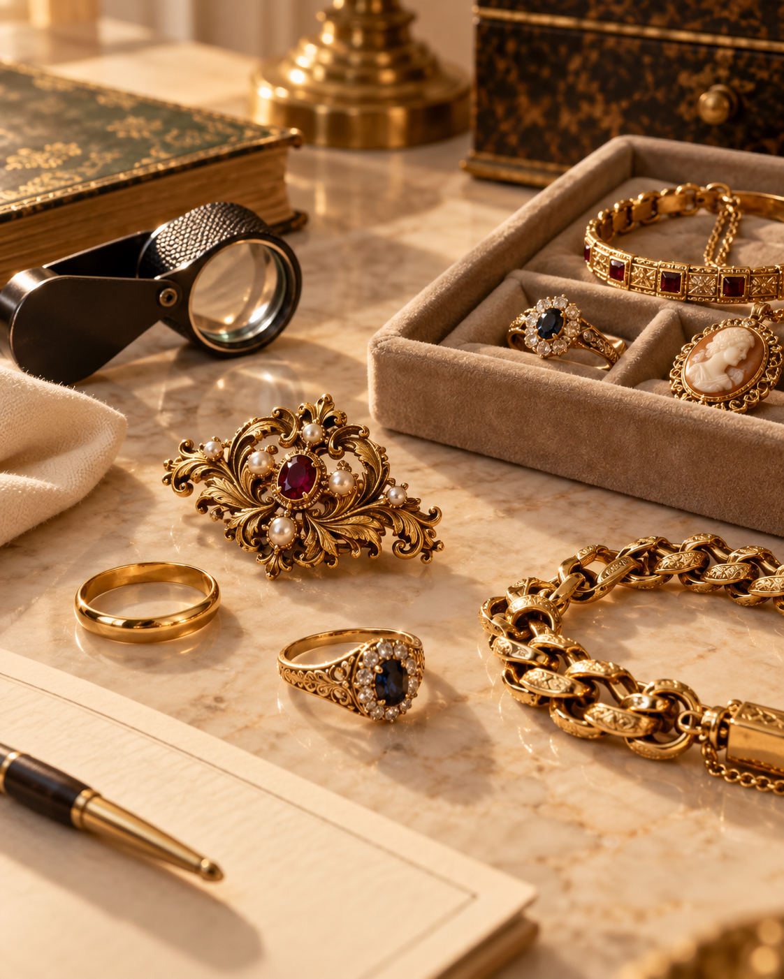Vintage and estate gold jewelry with signed brooch, gemstone rings, bracelet, loupe and provenance materials evaluated for resale value beyond melt