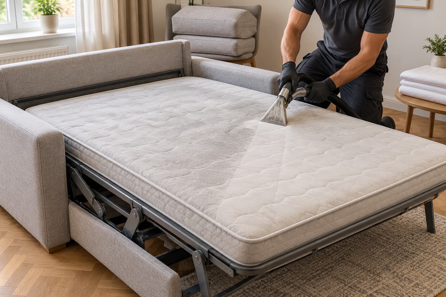 Schlafsofa reinigen lassen in Frankfurt – Shikardos Reinigungsprofi führt eine Sprühextraktionsdüse über die ausgeklappte Liegefläche eines hellgrauen Schlafsofas, daneben liegt frische Bettwäsche für die nächsten Gäste bereit. Shikardos Reinigung reinigt Schlafsofas in Frankfurt und im Rhein-Main-Gebiet direkt beim Kunden – aufgeklappt, inklusive Mechanik und Liegefläche.