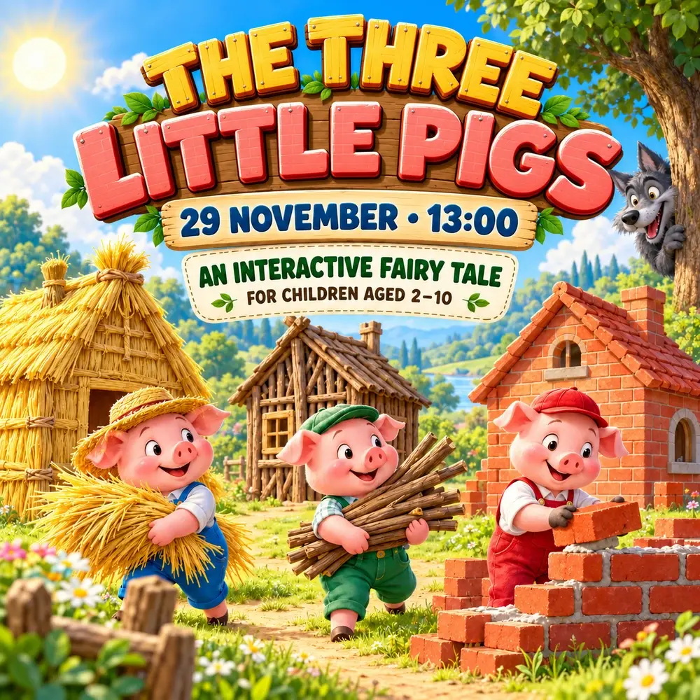 THE THREE LITTLE PIGS — 29 November, 13:00. An interactive fairy tale for children aged 2–10.