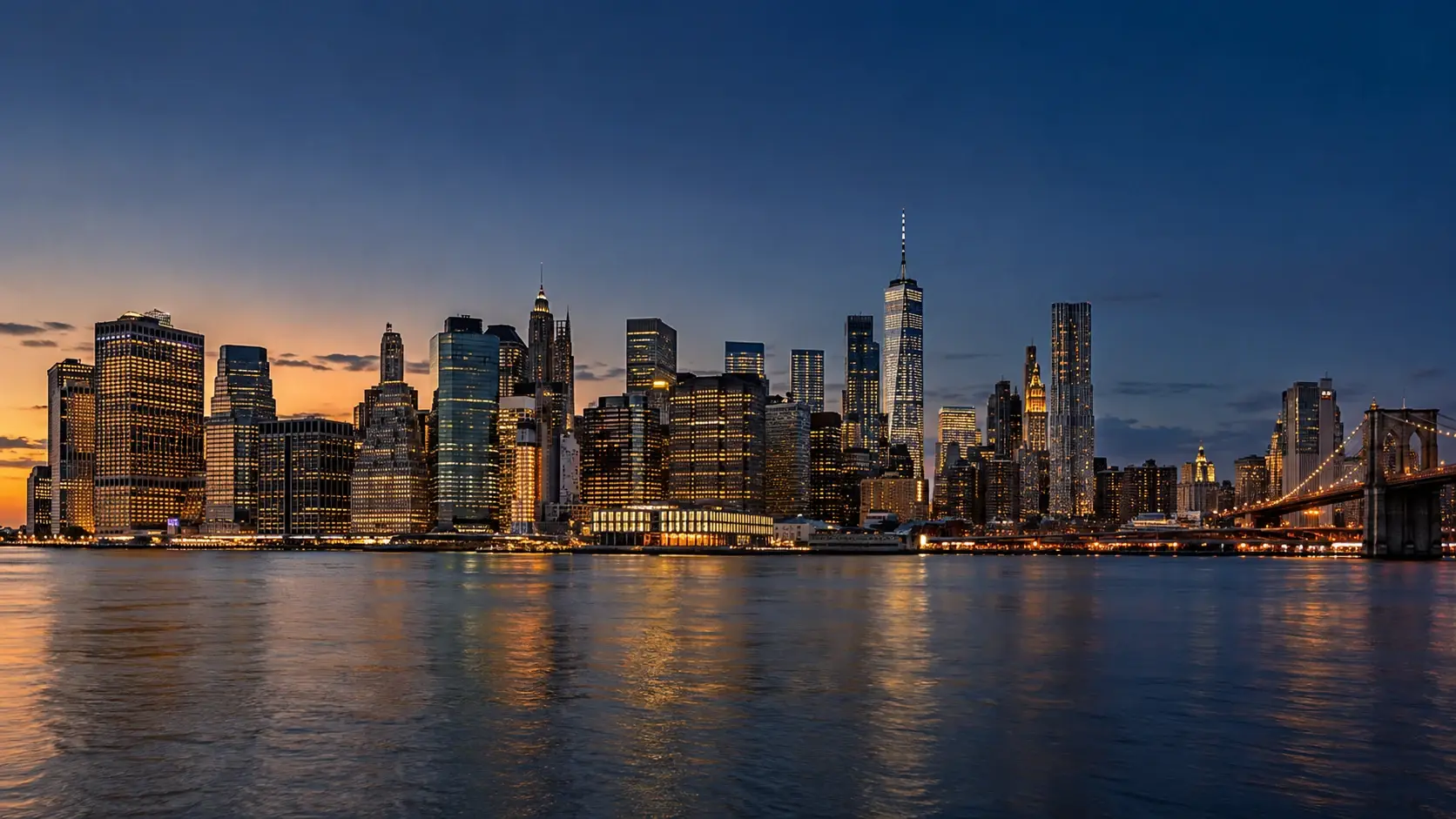 Manhattan skyline and Brooklyn Bridge viewed across the East River from Brooklyn at dusk