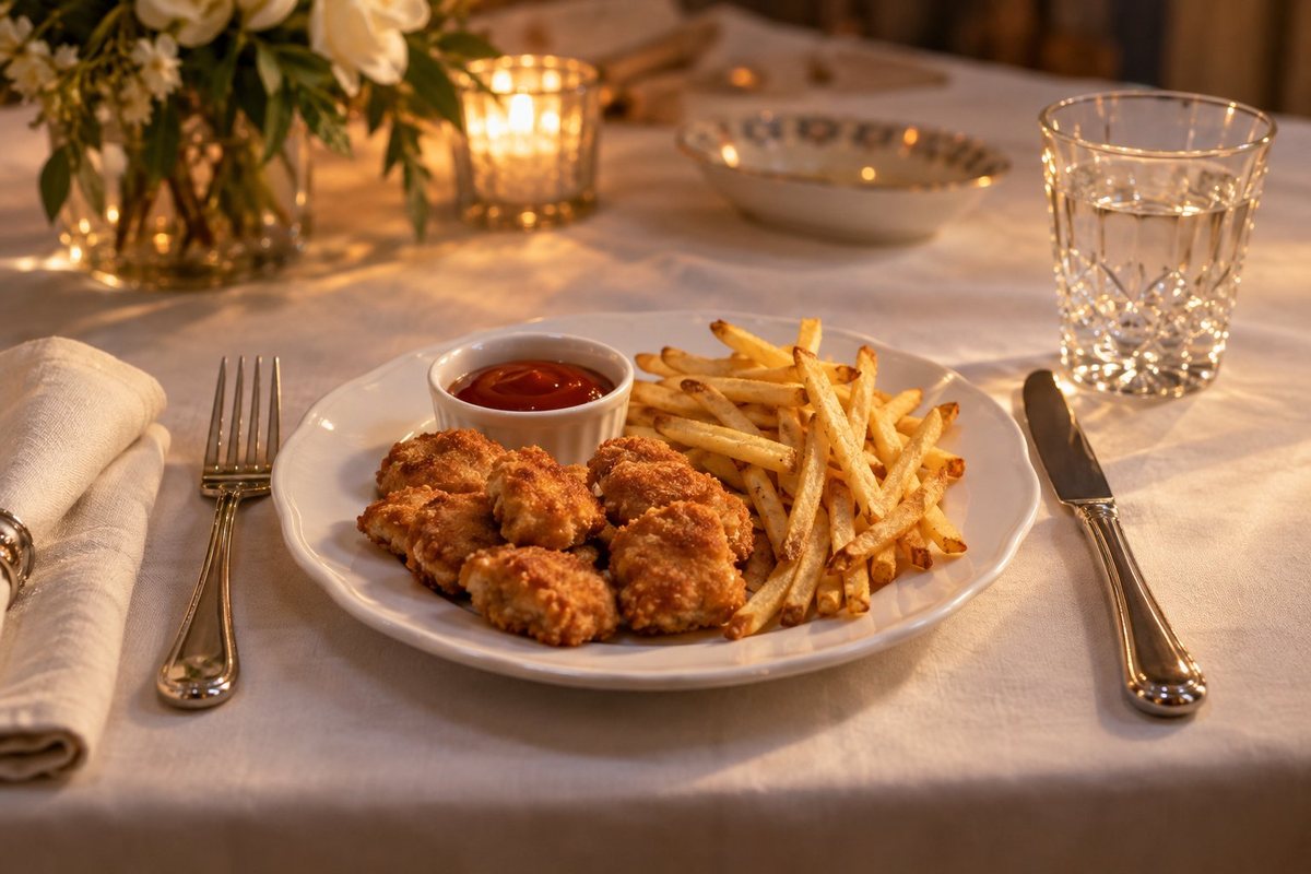 Illustration: crispy chicken bites with roasted potatoes from the children's menu by private chef Marina Staver, Miami