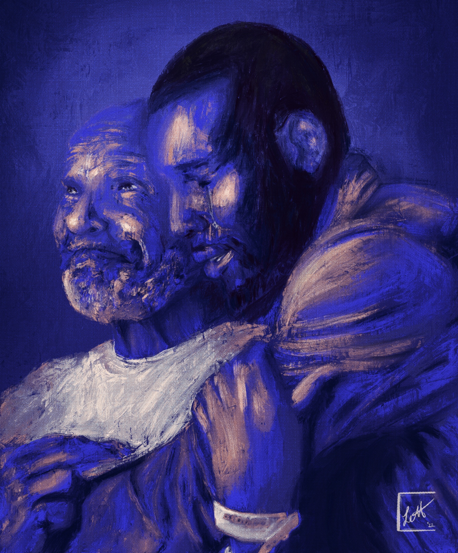 Angels Prosper: two Black men in a tender embrace, painted in deep blue tones.