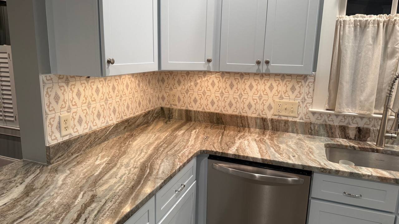 Fabrication and Installation of Light Brown Kitchen Countertops with Full Height Backsplash and Integrated Sink