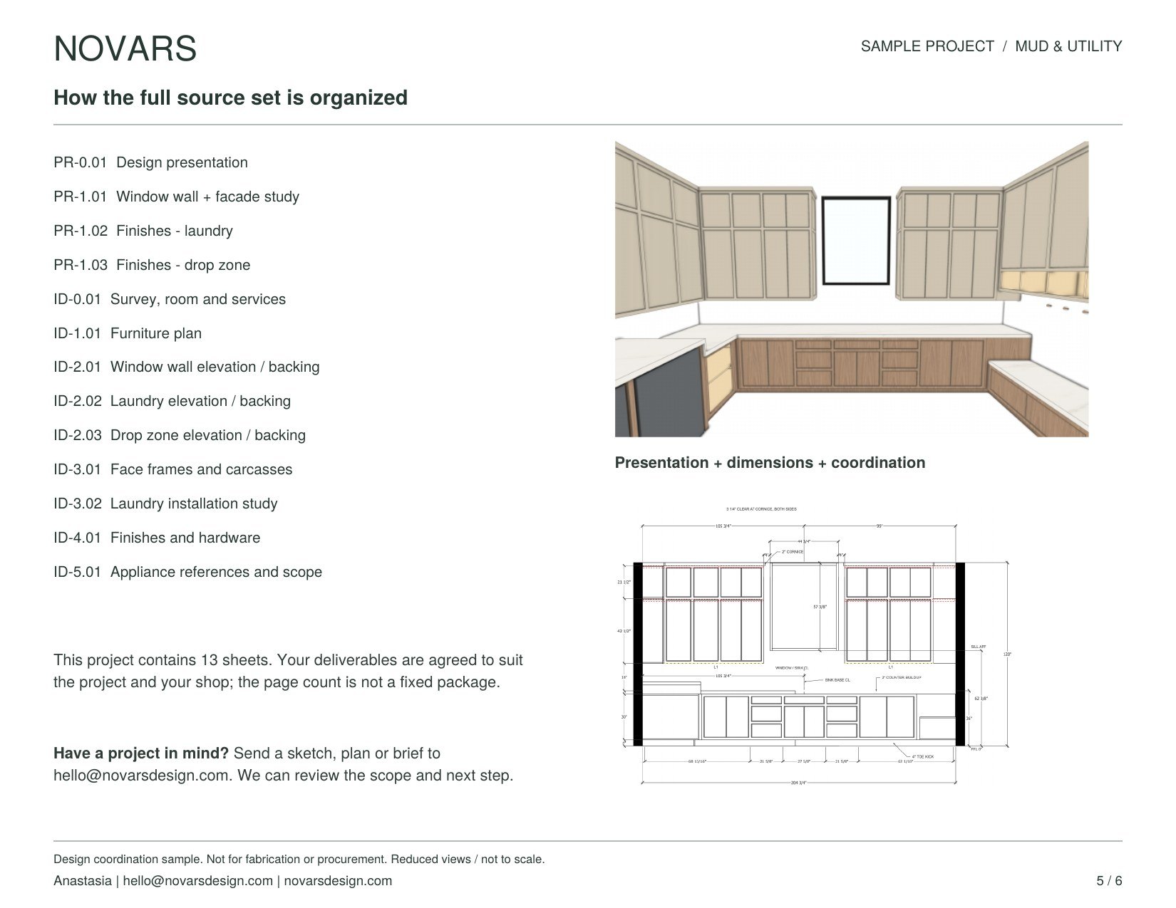 Sheet index of a full NOVARS source set, from design presentation to face frames and carcasses