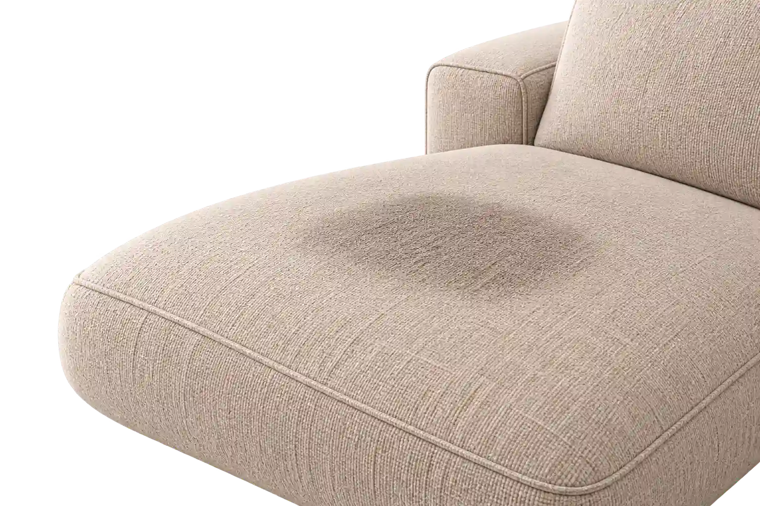 Nahaufnahme der Sitzfl&auml;che eines beigen Ecksofas mit einer deutlich dunkleren, abgenutzten Stelle in der Mitte &ndash; dem typischen Lieblingsplatz. Shikardos Reinigung reinigt in Frankfurt das ganze Ecksofa statt nur diese Stelle, damit danach kein heller Fleck neben dunklen Pl&auml;tzen entsteht.