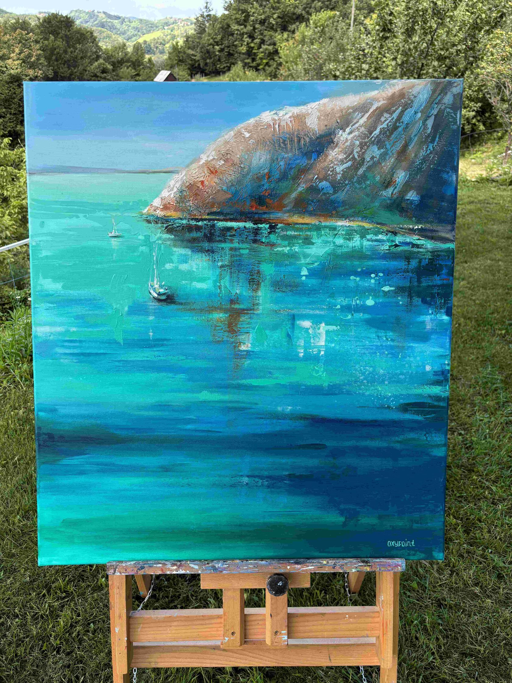 Acrylic painting of the sea, mixed media, turquoise sea, sailboat, rock and sea, waves, seascape, painting for sale Oxana Kravtsova Oxypoint