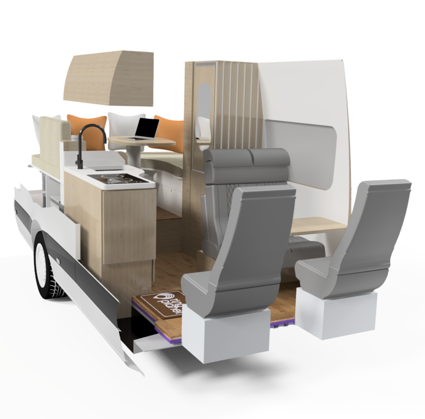 Cutaway 3D view of the Pulsar Crew layout interior with its kitchen, lounge, closet and second-row seat.