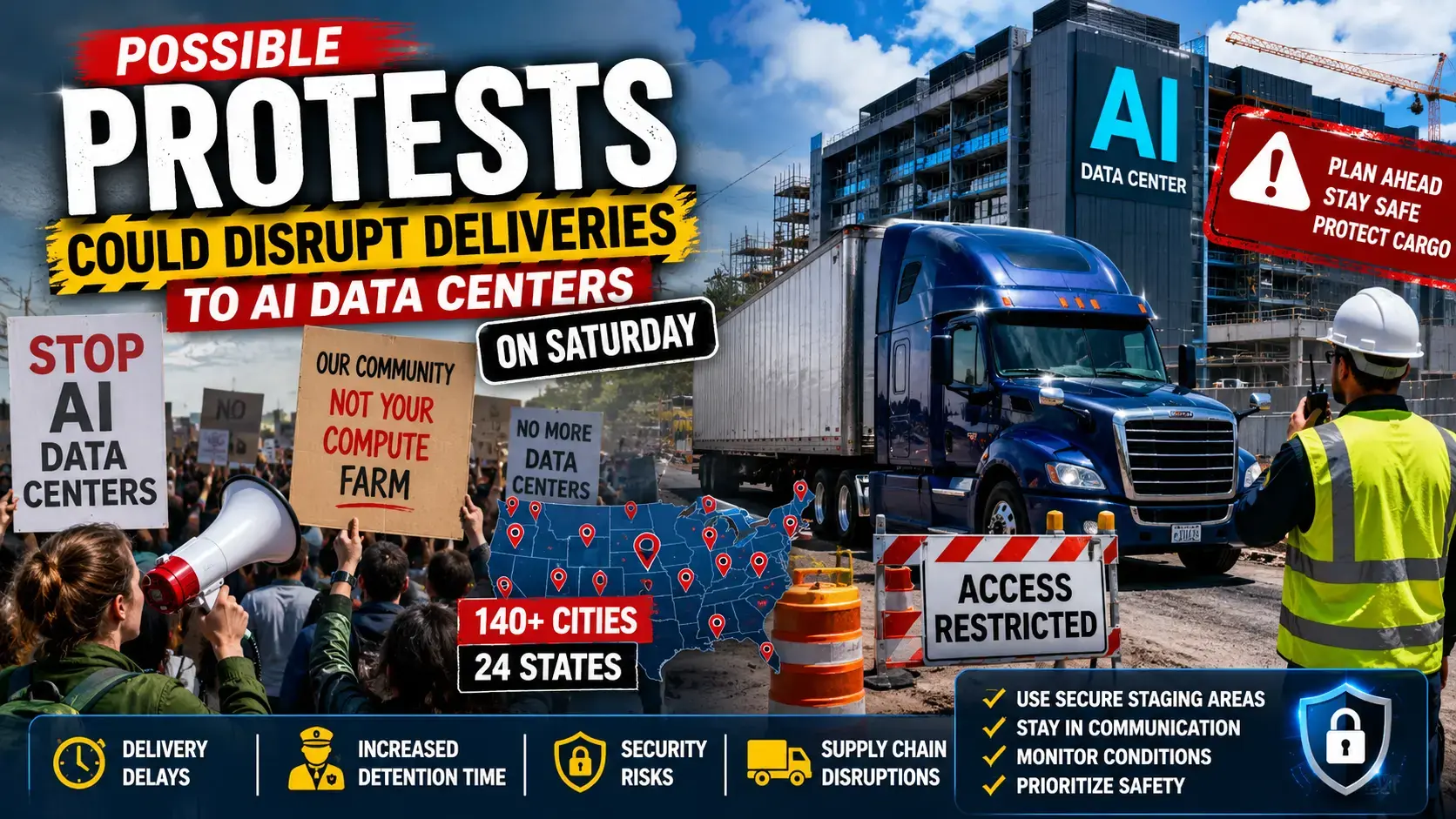 Cargo and semi-truck logistics operations representing safe freight routing and transport security during protests