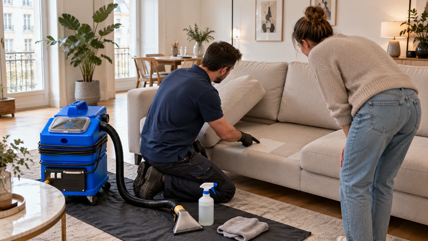 Reinigungsprofi zeigt einer Kundin das frisch gereinigte Sofa, sie ber&uuml;hrt den sauberen Stoff und l&auml;chelt zufrieden. Shikardos Reinigung zeigt, woran man in Frankfurt eine gute Polsterreinigung erkennt.