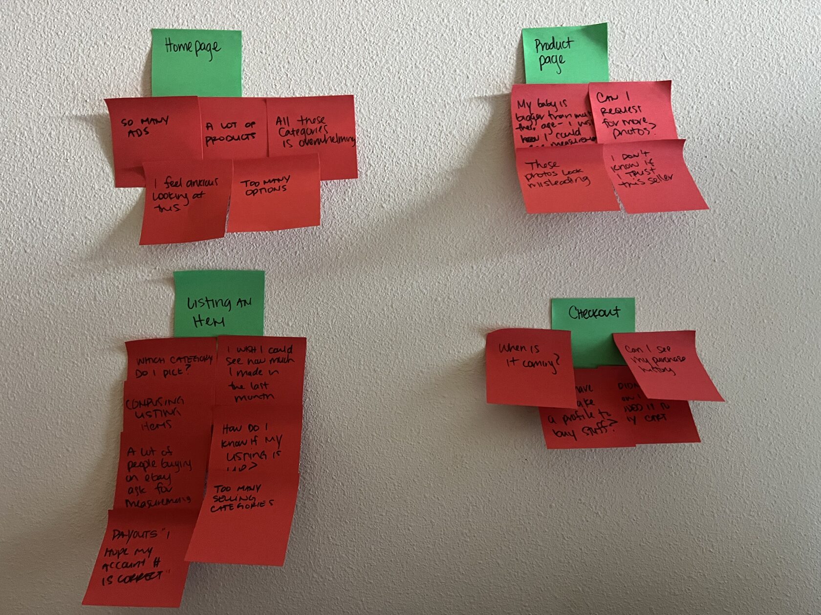 Image of sticky notes that are categorized by types of pain points