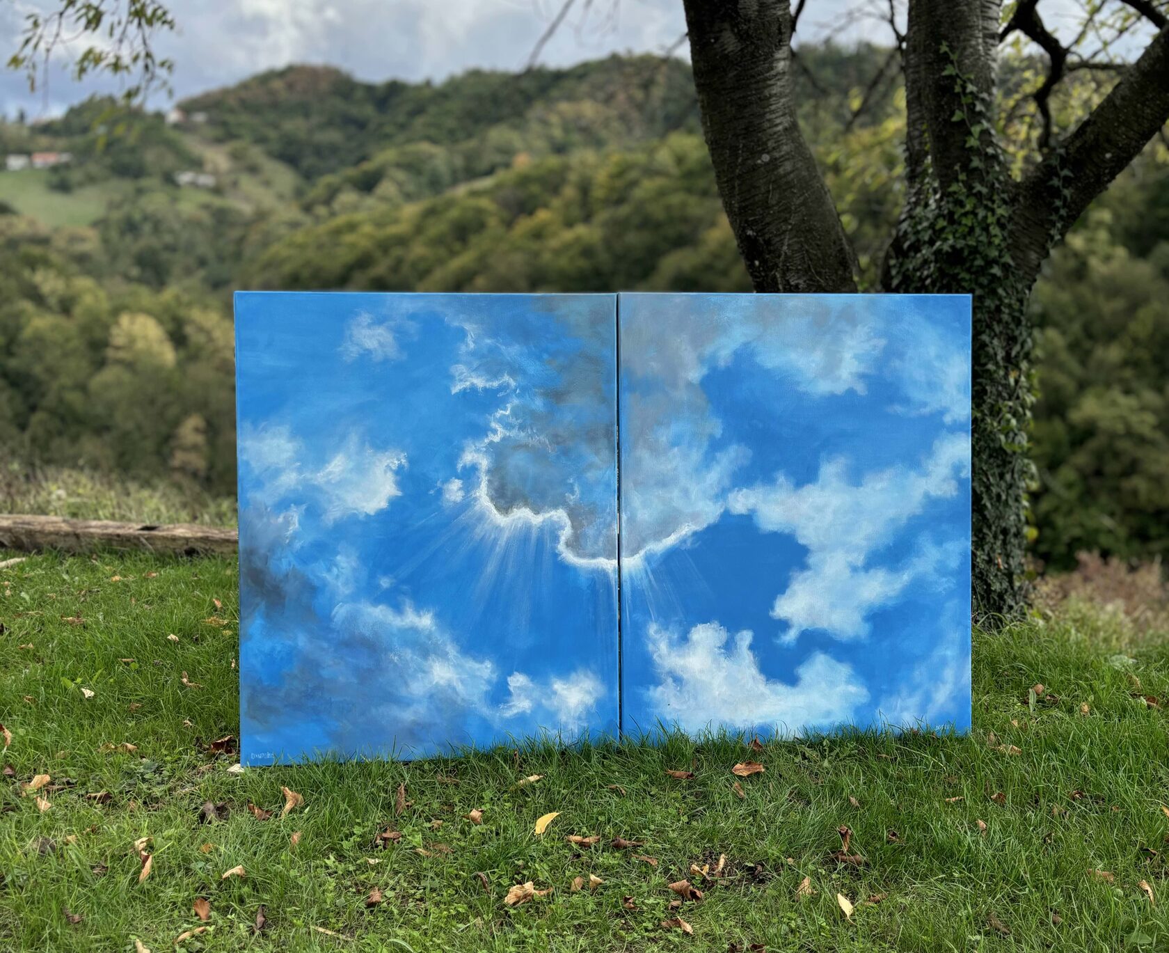 Acrylic painting White Clouds, large wall art for sale, buy art from artist, buy original paintings, Cloudscaps, Cloud, blue painting, diptych, painting for sale Oxana Kravtsova Oxypoint