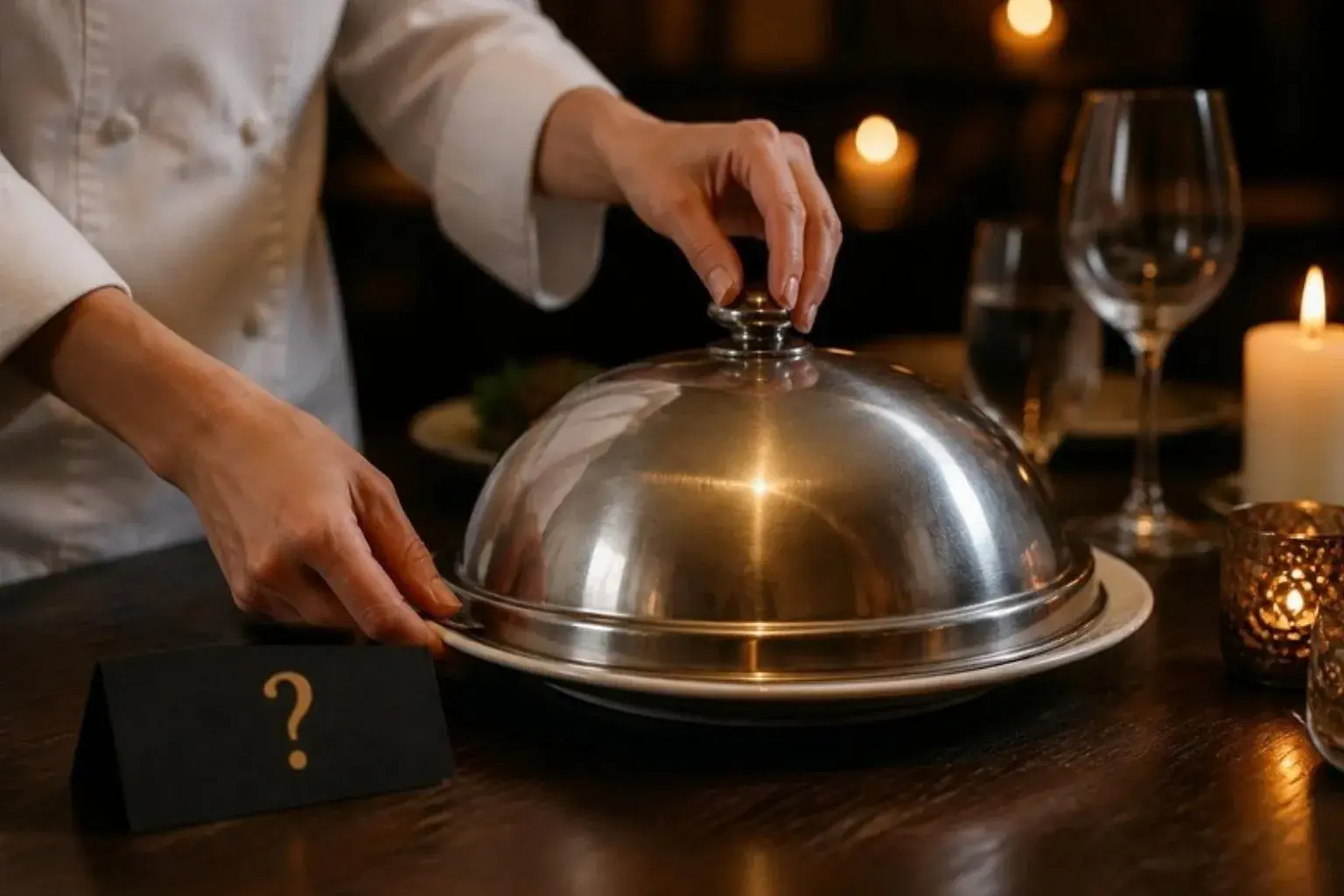 Illustration: a chef's hands lifting a cloche at a black box dinner by private chef Marina Staver, Miami