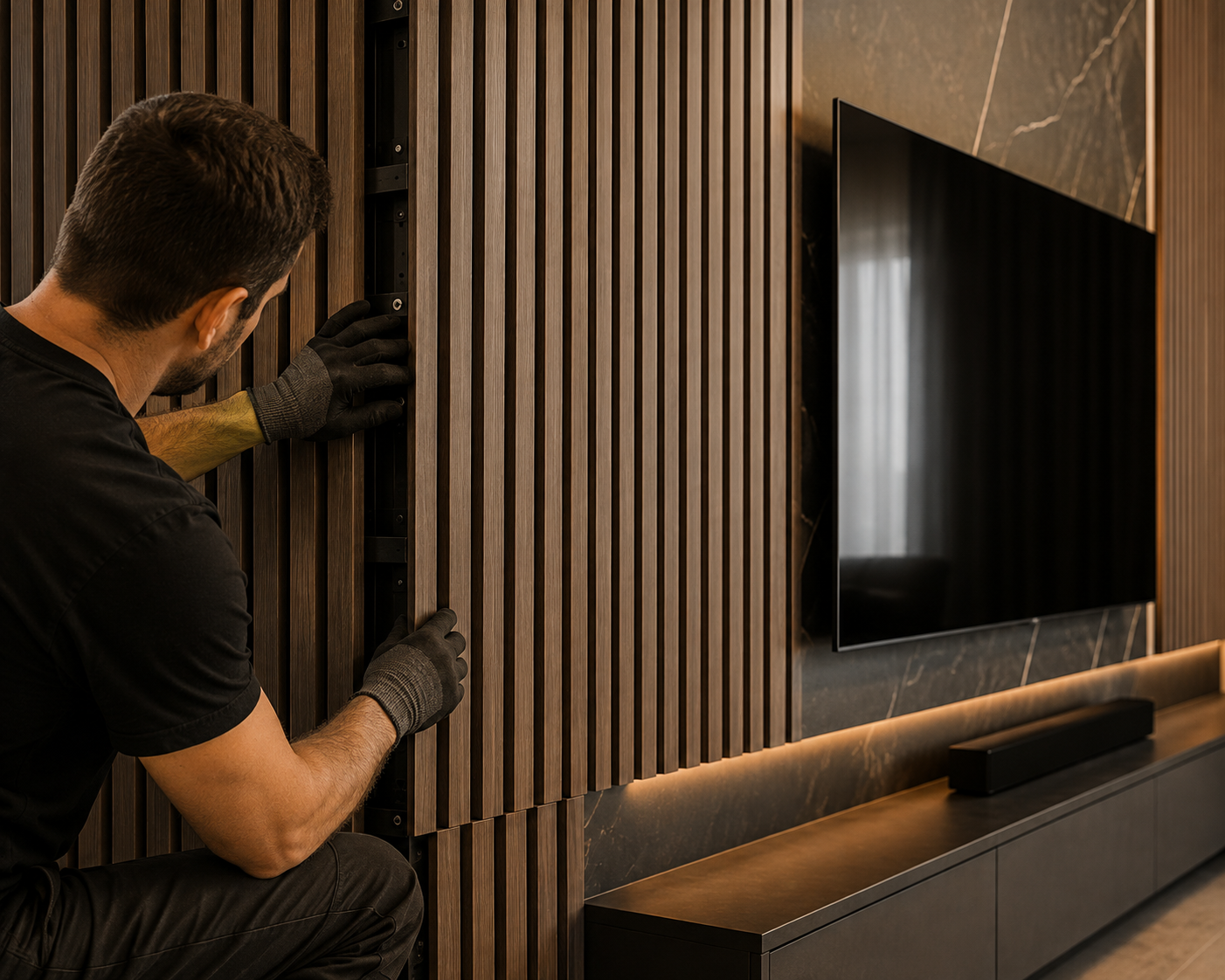 Detailed professional installation of wood wall panels around a TV wall