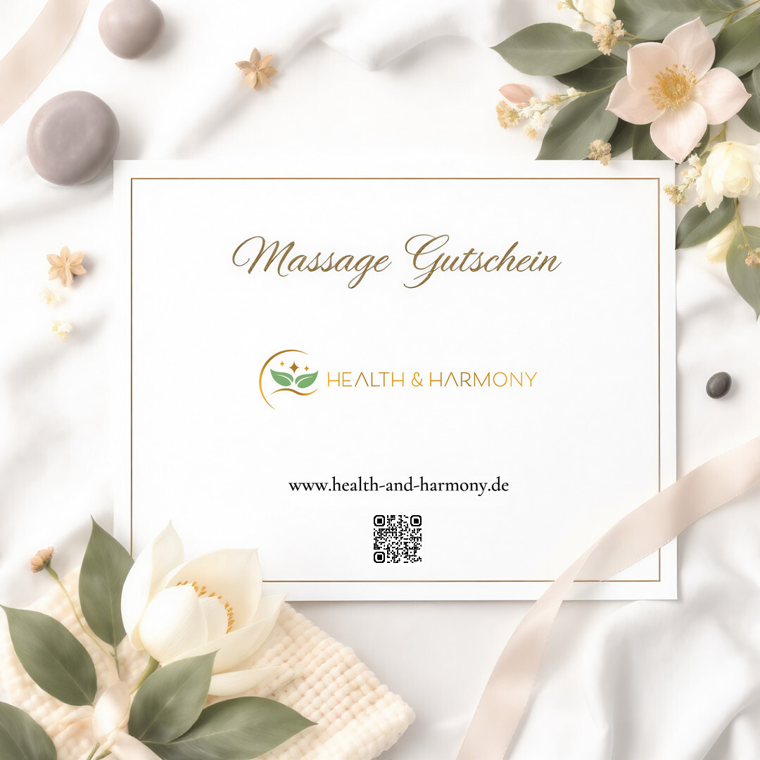 Vorderseite eines käuflichen Gutscheins von Health &amp; Harmony mit Logo und stilvollem Design.