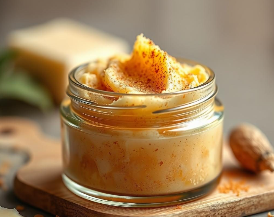 Amber body scrub in a glass jar on a wooden board