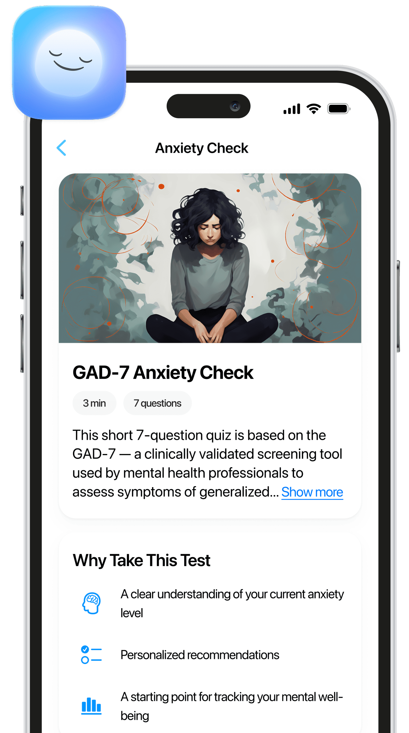 Screenshot of the Edo app showing the GAD-7 Anxiety Check feature with a calming illustration of a woman, test duration, number of questions, and key benefits of taking the assessment.