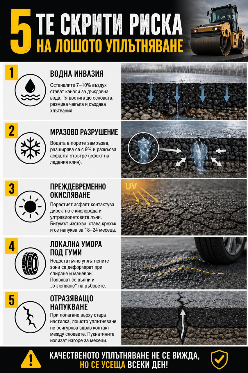 инфографика за 5-те скрити риска при лошо уплътняване на асфалт – водна инвазия, мразово разрушение, окисляване, деформации и напукване