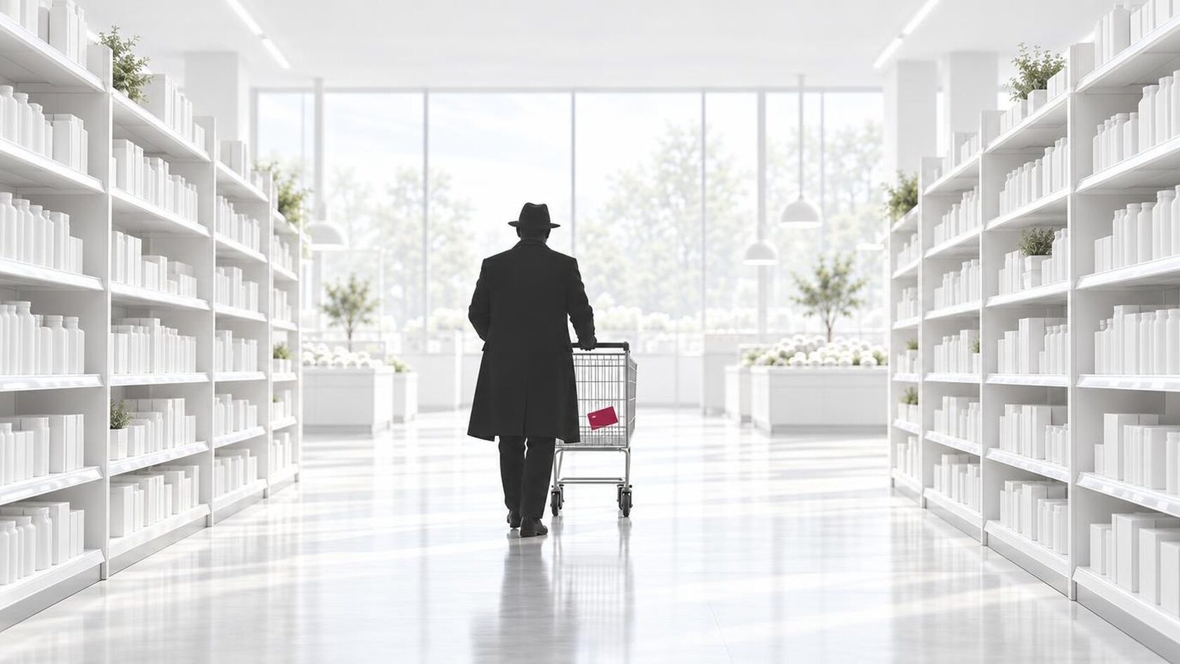 A shopper with a trolley in a bright supermarket aisle, a raspberry-coloured loyalty card resting on the trolley