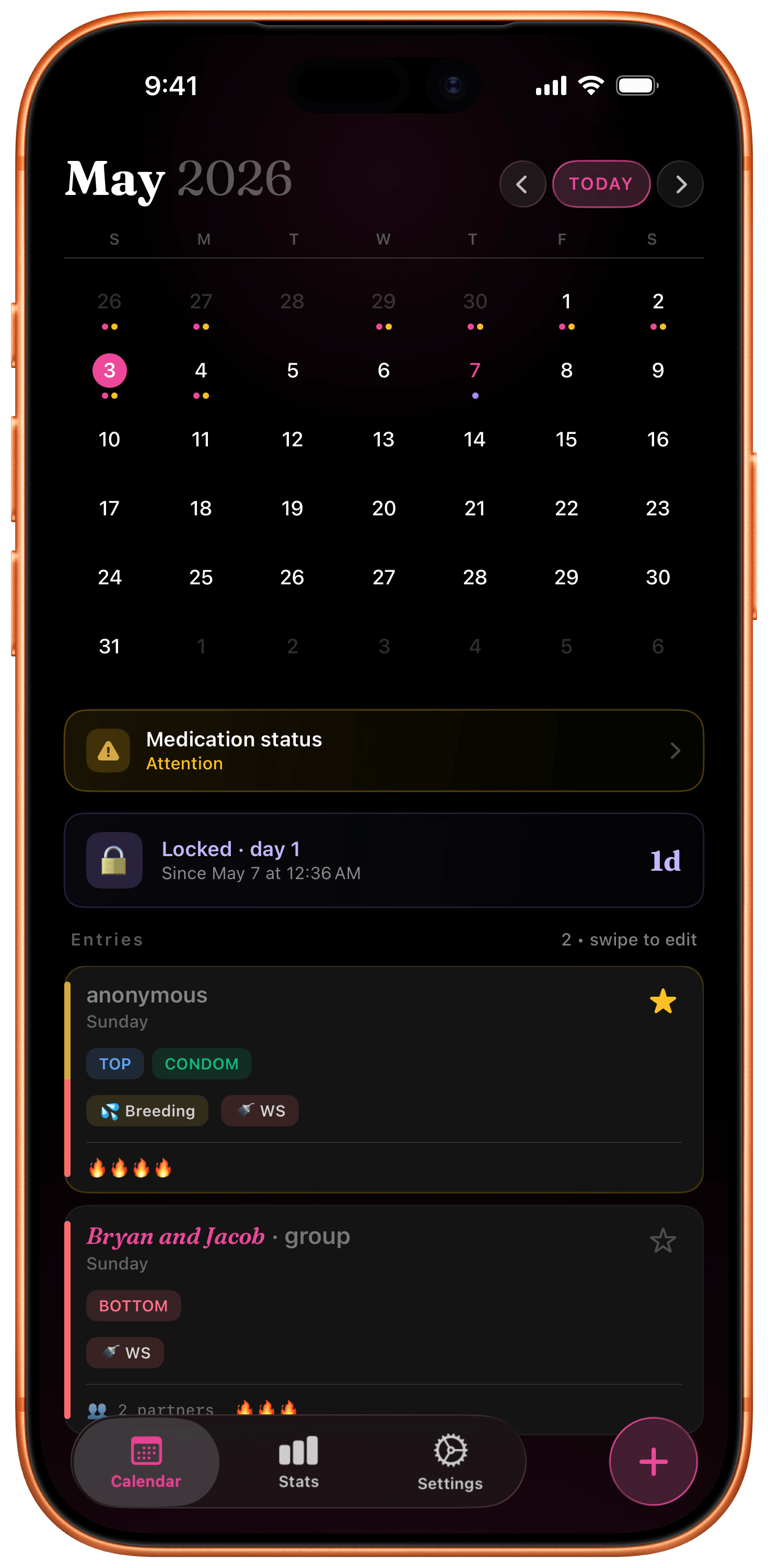 BodyCount Calendar home screen