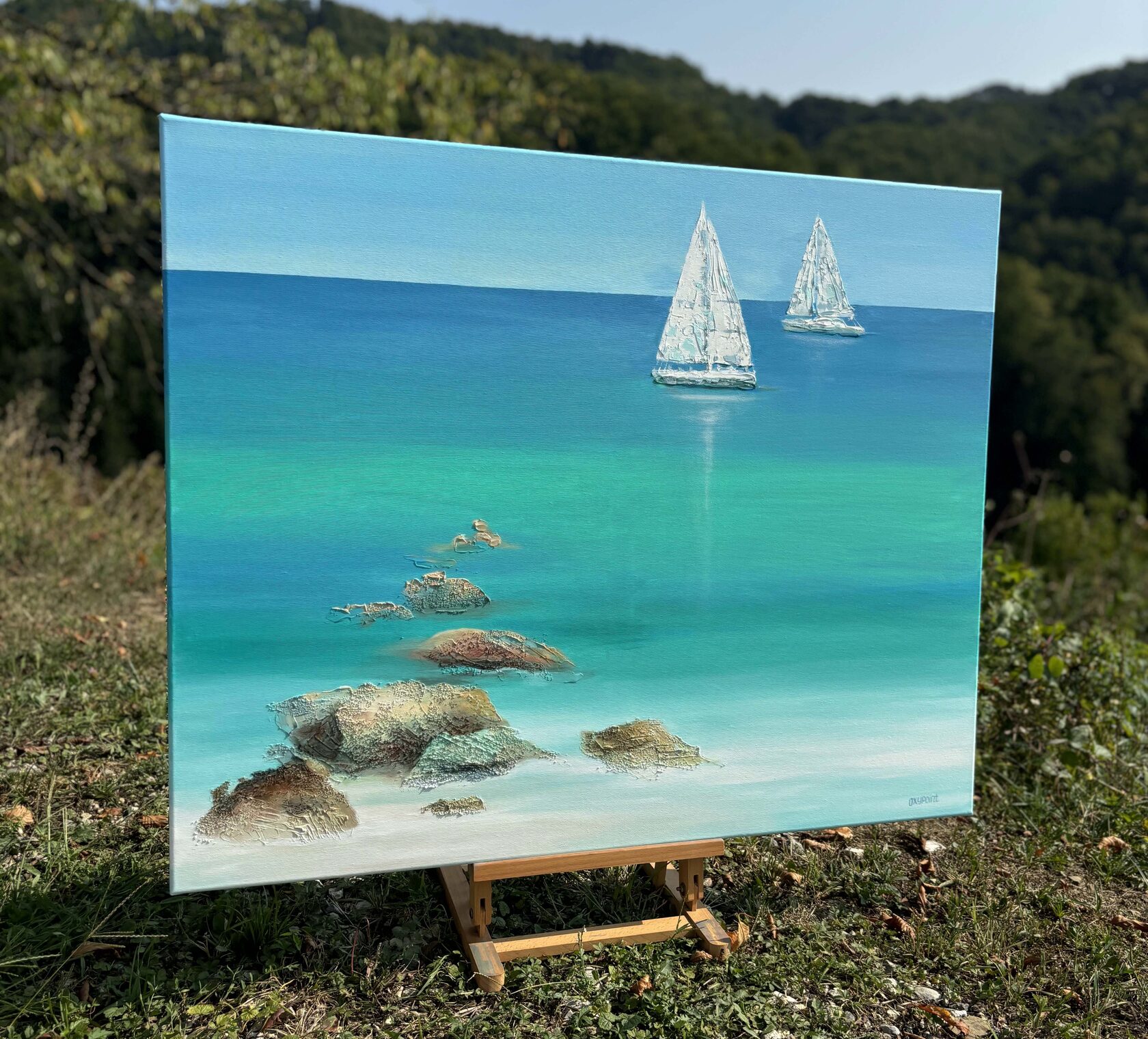 Acrylic painting White Sails, mixed media Turquoise Sea, large wall art for sale, buy art from artist, buy original paintings, Sea boats, seascape, stones in the sea, painting for sale Oxana Kravtsova Oxypoint