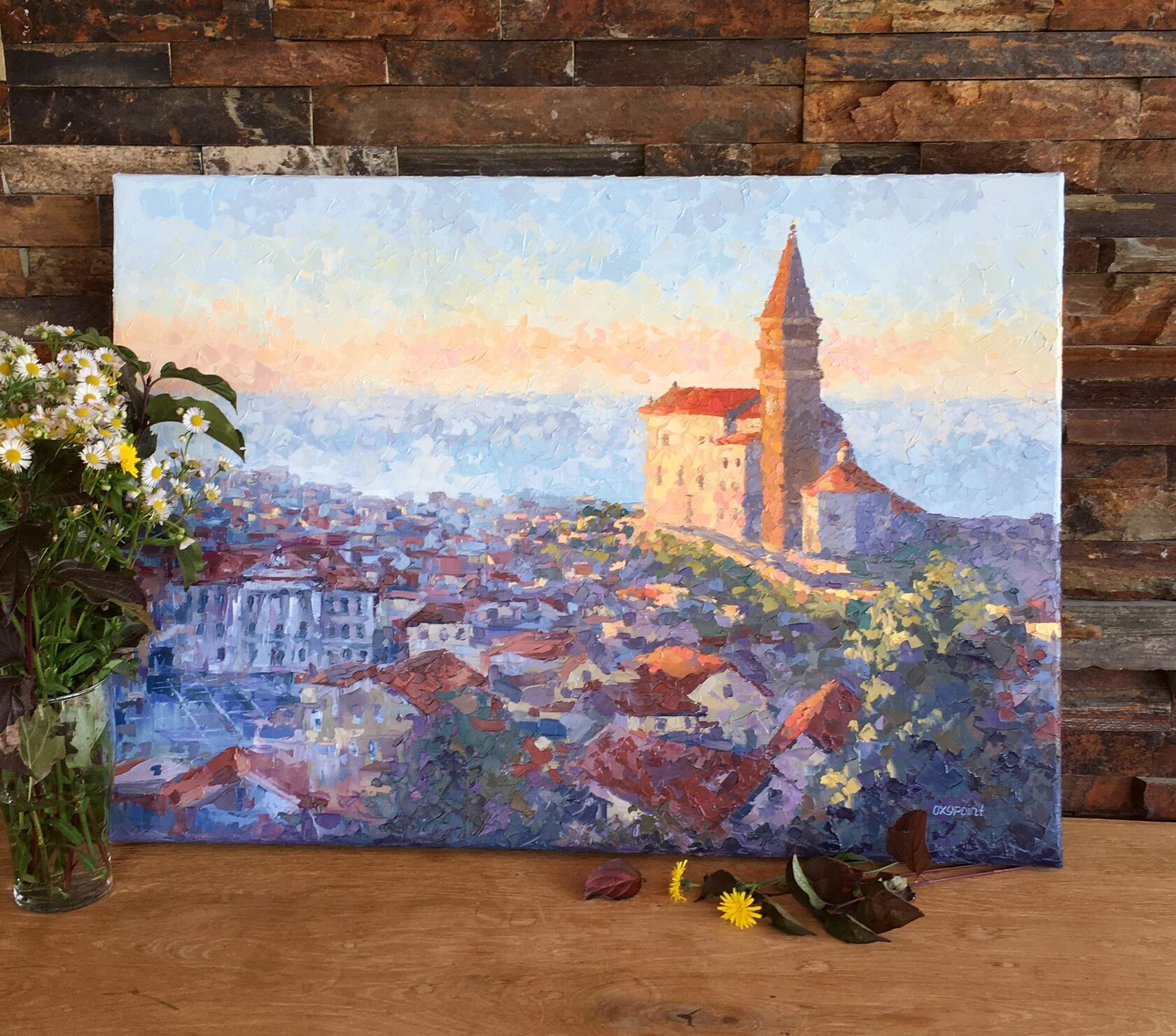 Piran oil painting, Slovenia abstract art, Slovenian landscape knife painting, artist OXYPOINT Oxana Kravtsova, painting for sale 