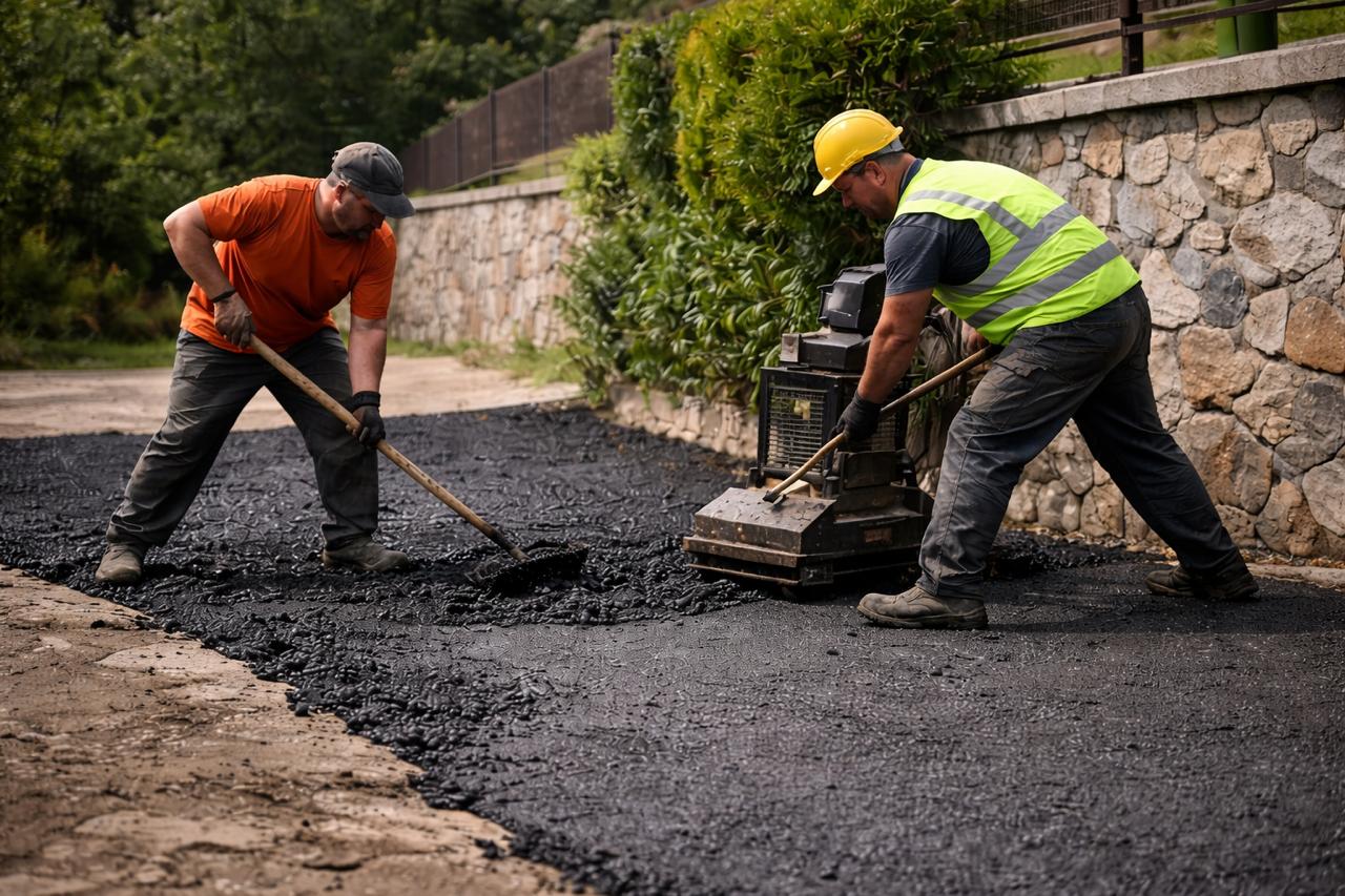 Уплътняване на асфалт при асфалтиране на малка площ – ръчен процес с виброплоча