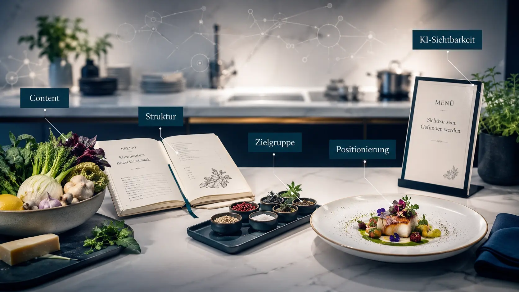Metapher für Content wie Kochen: Zutaten, Rezept, Gewürze, Servierung und Menükarte stehen für Content-Strategie und KI-Sichtbarkeit.