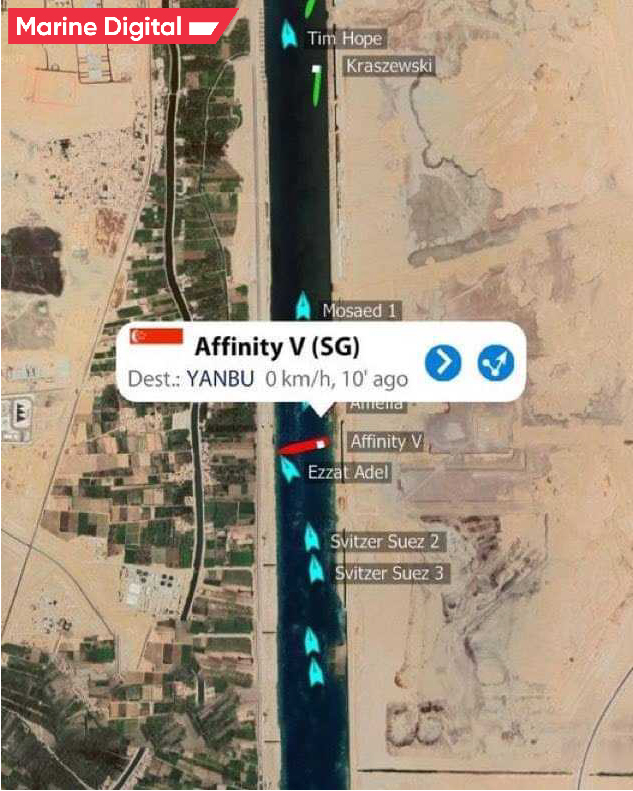 Affinity V, a 252-meter (826~feet) long oil tanker, is stranded in the Suez Canal