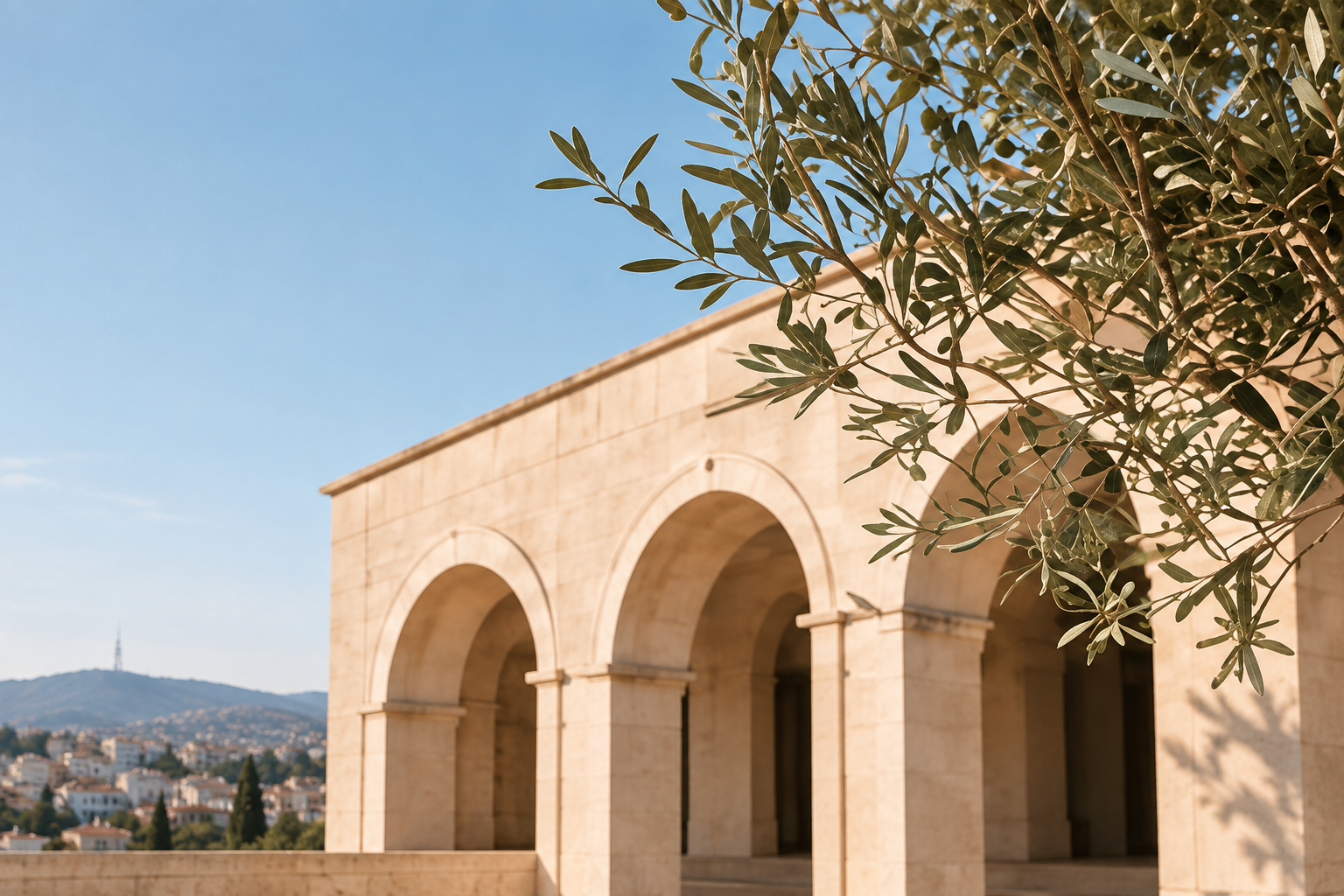 Sunlit Georgian architectural arches with olive branches