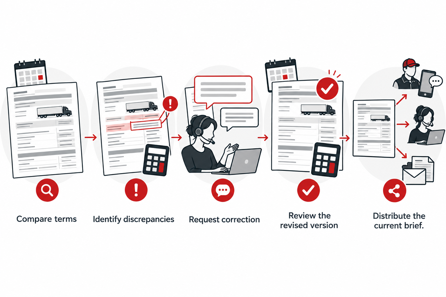 Document version-control sequence from discrepancy to corrected confirmation.
