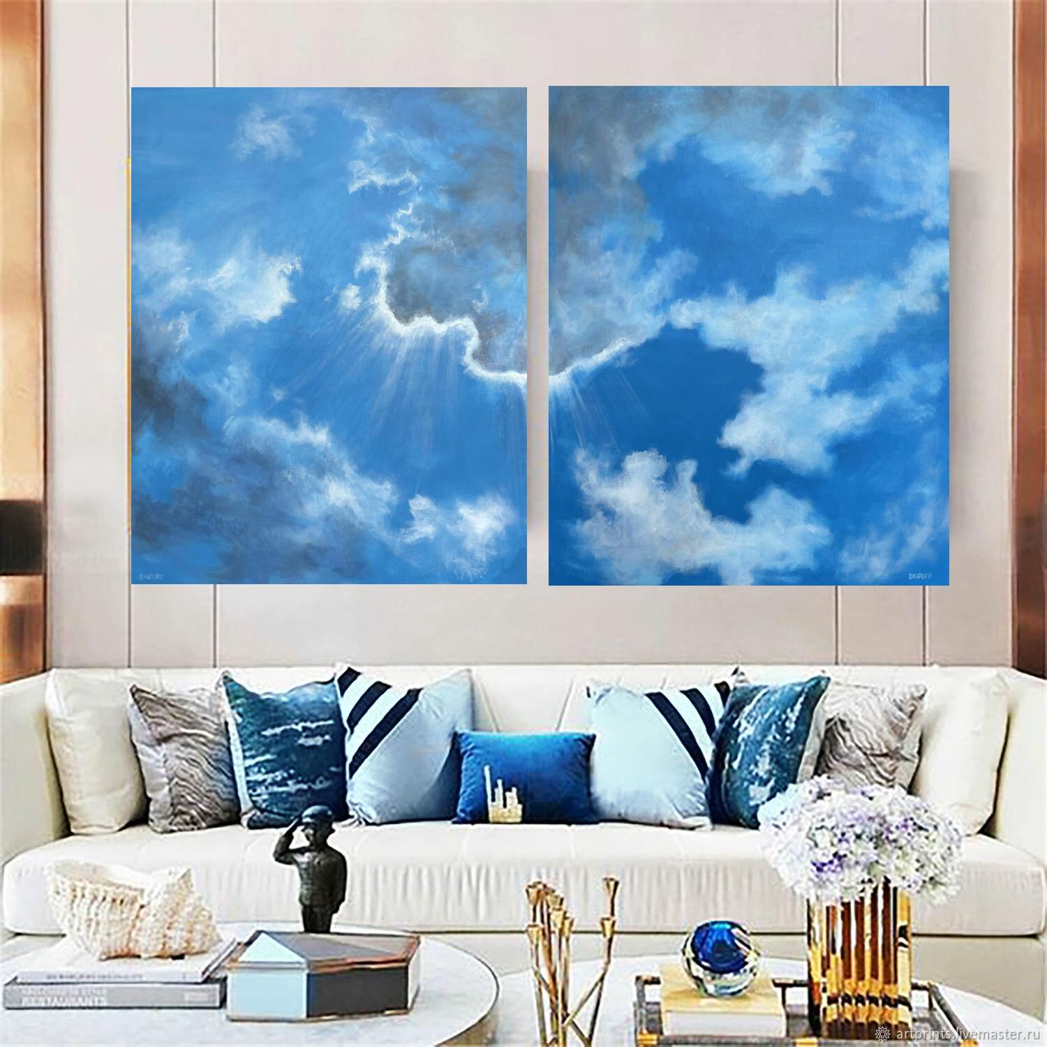 Acrylic painting White Clouds, Cloudscaps, large wall art for sale, buy art from artist, buy original paintings, Cloud, blue painting, diptych, painting for sale Oxana Kravtsova Oxypoint