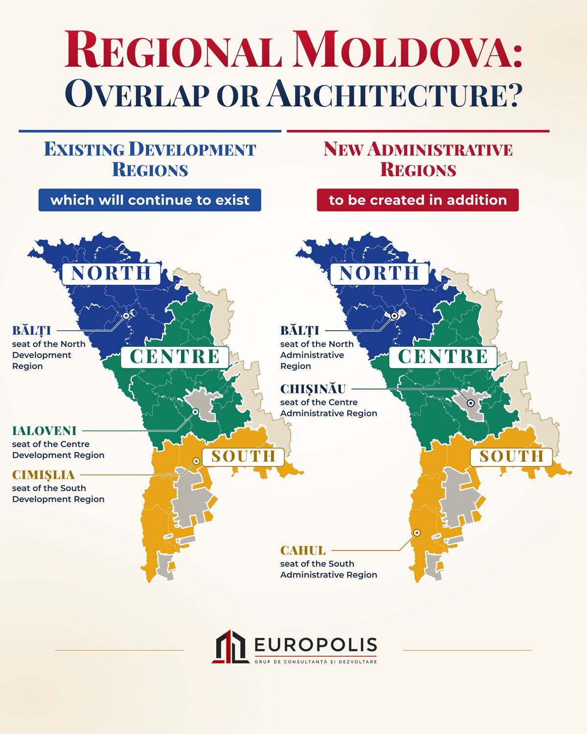 Map: Regional Moldova, existing development regions and new administrative regions