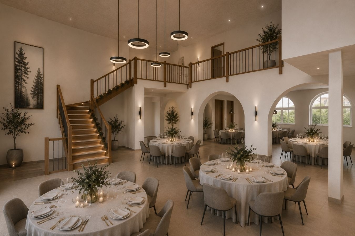 Ilustratīva attīstības vīzija of the same double-height hall arranged for banquet events