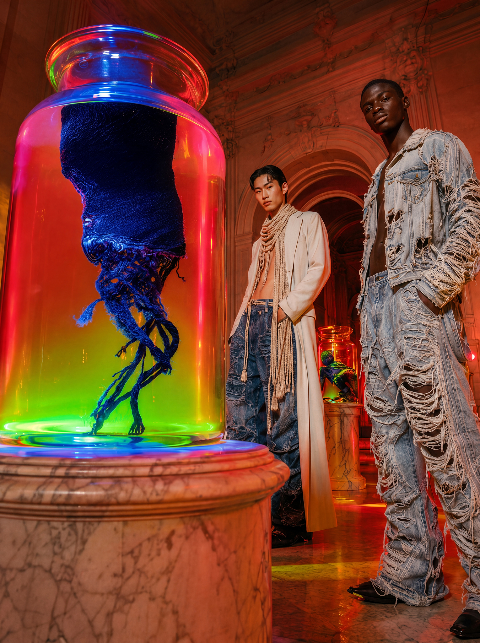 DENIM ALCHEMY — glass vessel with handmade denim object and two figures