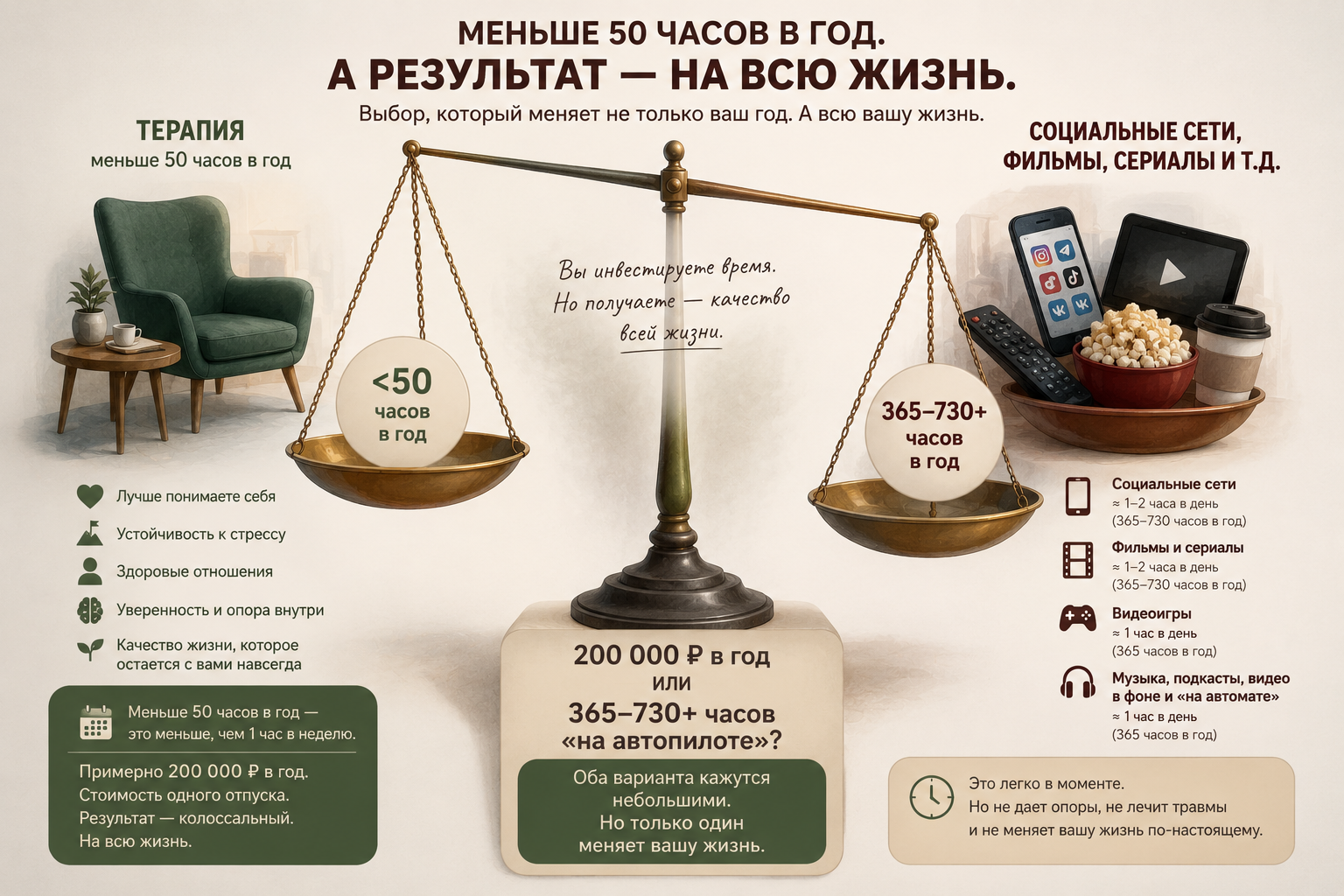Сравнение времени, затраченного на терапию, социальные сети, фильмы и другие повседневные активности