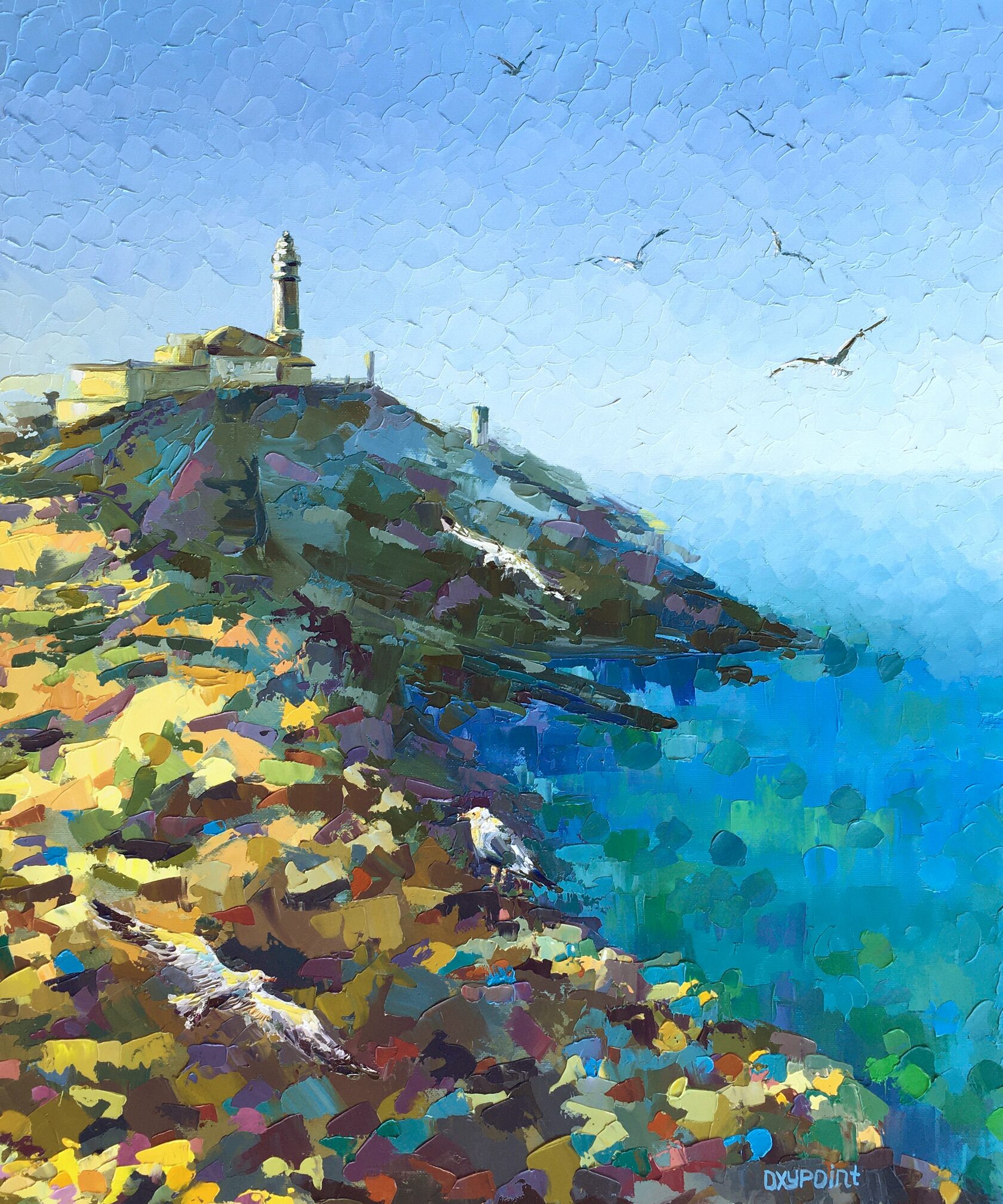 Seagulls, sea, lighthouse, oil painting