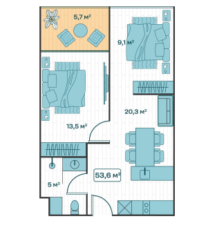 Планировка 2 спальни 54 м² Sun Hills Lakeside