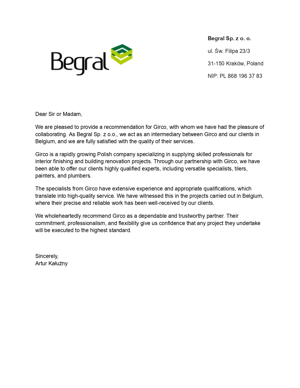 a letter of thanks from the Begral company