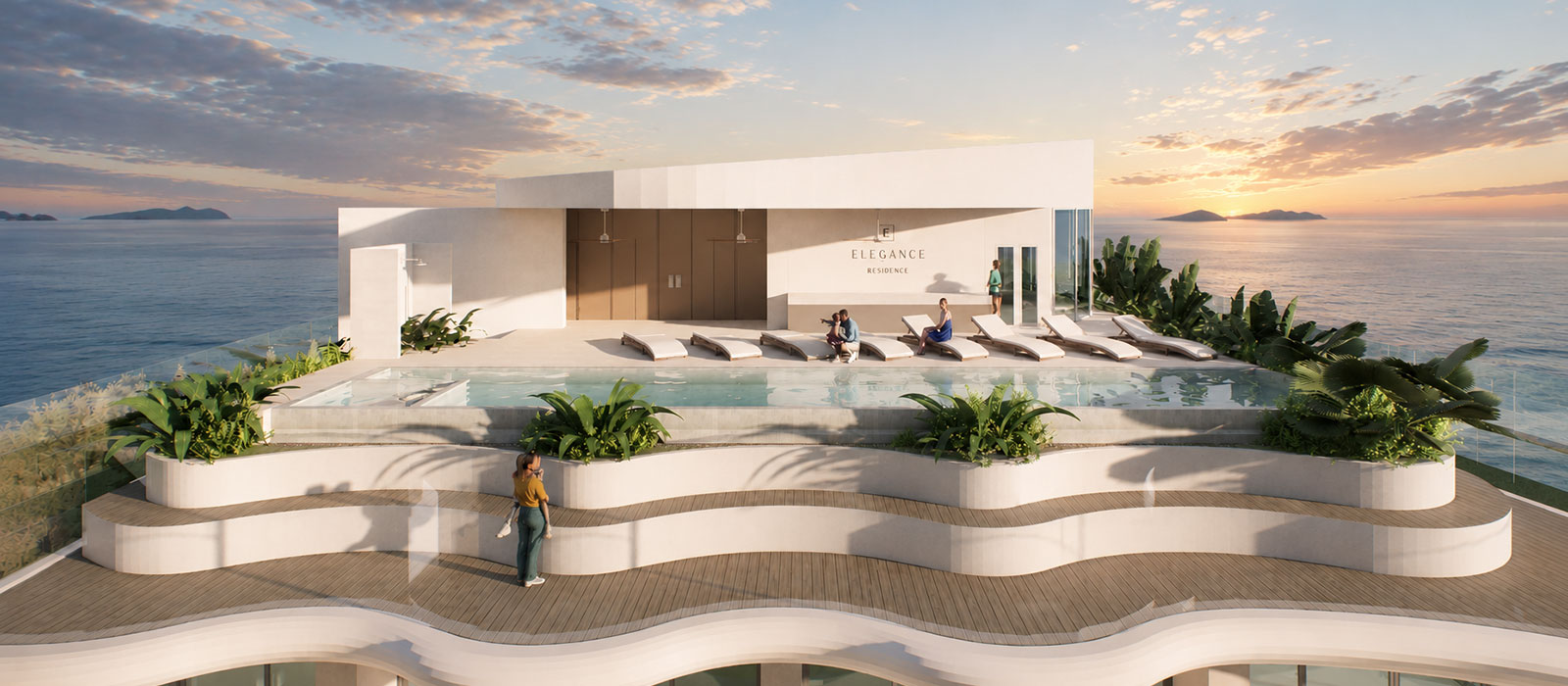 Rooftop pool terrace at Elegance Residence with view over Pattaya