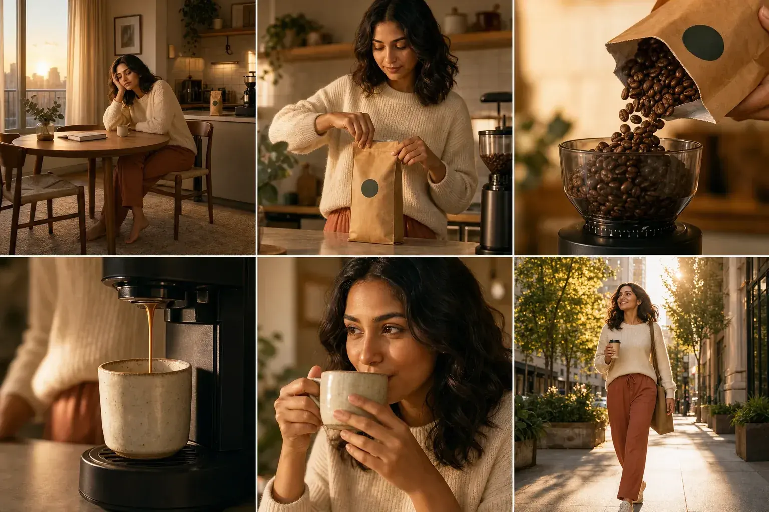 Six-frame coffee advertisement storyboard created with GPT Image 2