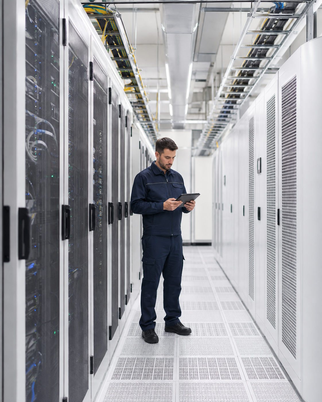 Engineer monitoring critical infrastructure in a bright modern data centre