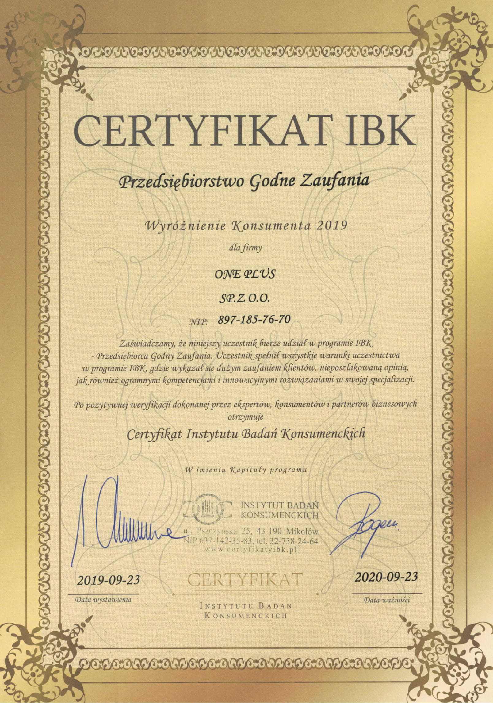 Certyfikat Agencji Pracy ONE PLUS Sp. z o.o.