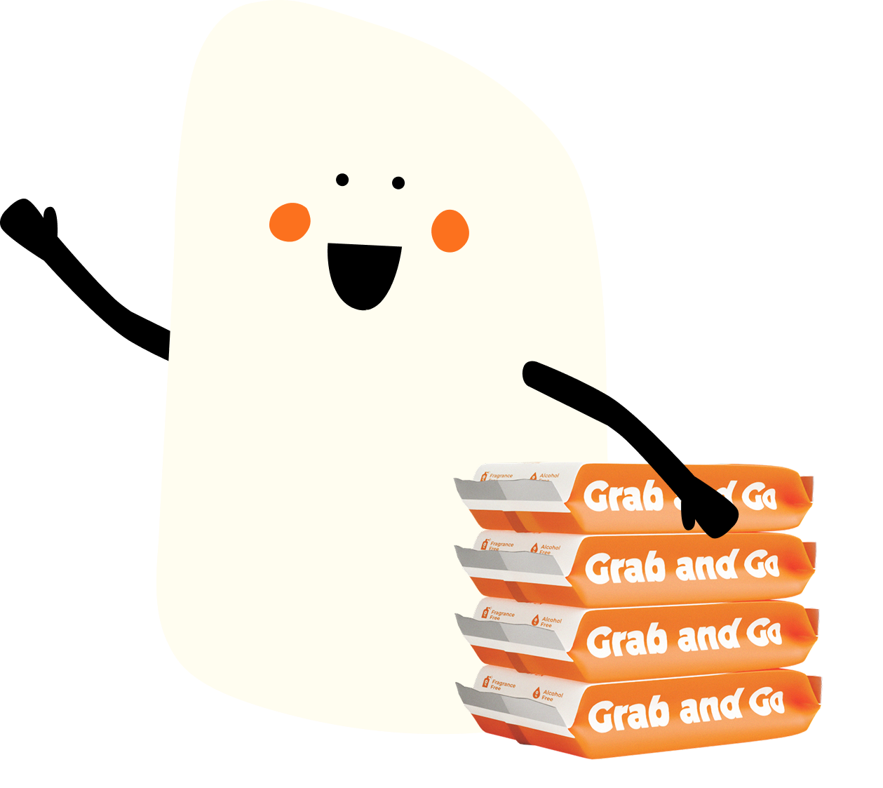 Cartoon wet wipe character with orange cheeks holding a stack of four Grab and Go packs and tossing an orange Minee Wipes mini pack.